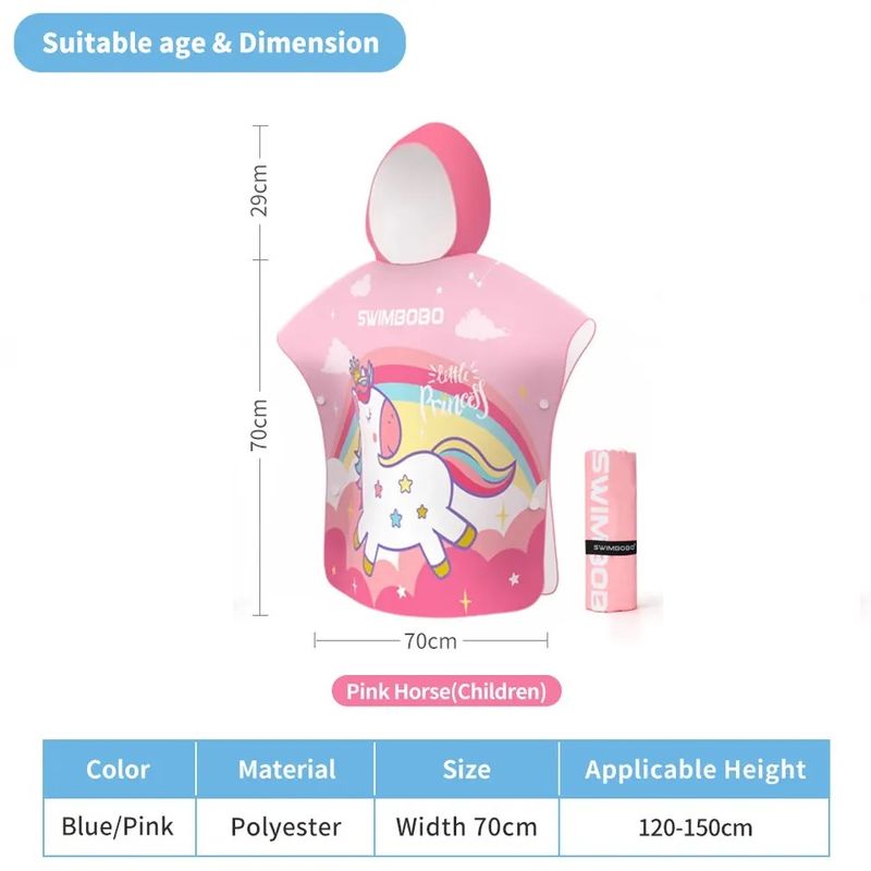 Jucarii, Copii si Bebe - Igiena si ingrijire - Baia bebelusului - Prosoape si halate de baie copii - Prosop poncho de plaja din microfibra, super absorbant, pentru inot copii 5 - 12 ani, model UNICORN, roz, bebeLOGIC™ - Infinity.ro