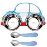 Jucarii, Copii si Bebe - Hrana si alaptare - Biberoane, suzete si accesorii hranire - Articole hranire bebelusi - Set hranire bebelusi si copii, bebeLOGIC™, farfurie compartimentata, lingura si furculita, masina albastra, inox - Infinity.ro