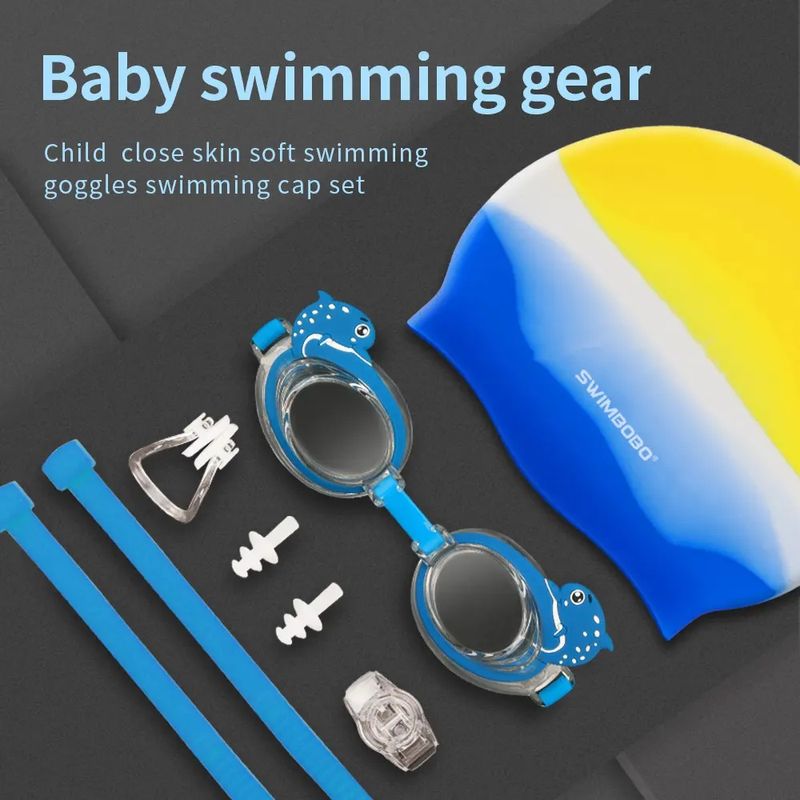 Jucarii, Copii si Bebe - Jucarii si jocuri - Jucarii de exterior - Colaci, ochelari si accesorii inot copii - Set complet de inot pentru copii, bebeLOGIC®, ochelari, casca, clips nazal si dopuri pentru urechi, 3-6 ani, albastru - Infinity.ro