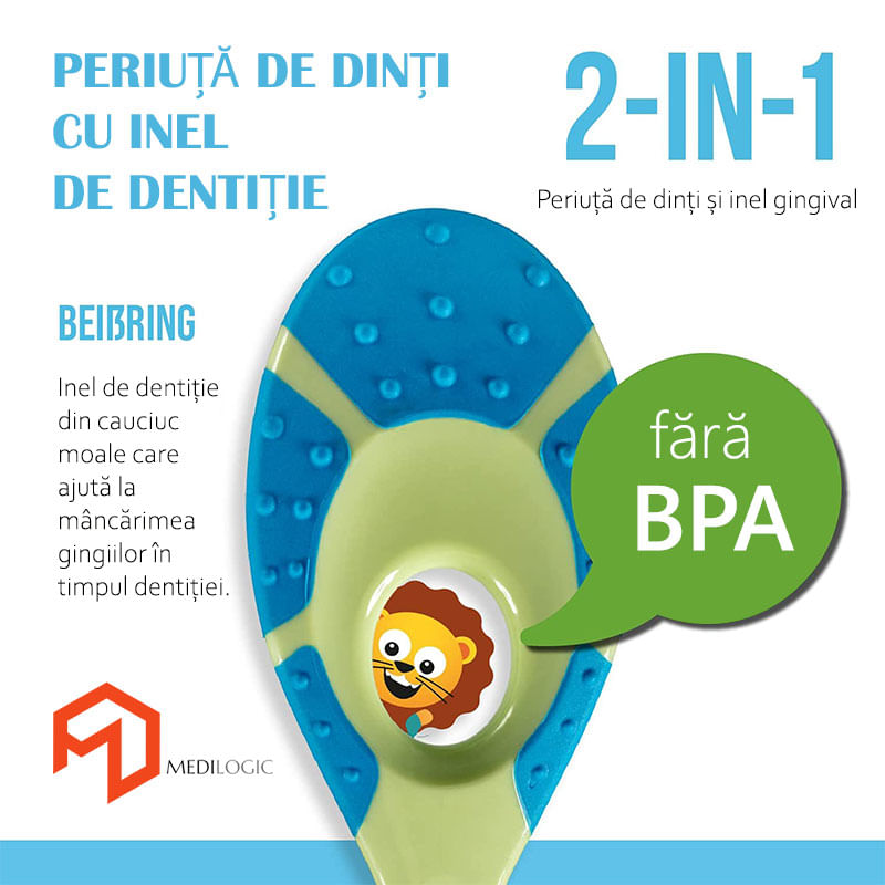 Ingrijire personala si Cosmetice - Igiena dentara - Periute de dinti clasice - Periuta de dinti cu inel gingival pentru bebelusi 0-2 ani, peri extra moi, albastru - verde, bebeLOGIC™ - Infinity.ro
