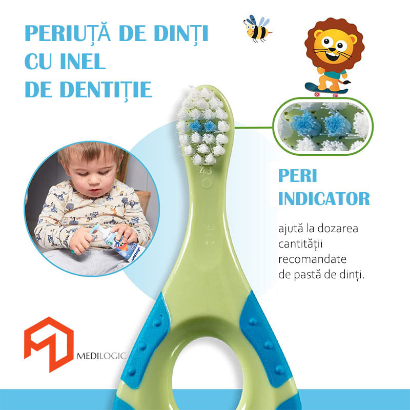 Ingrijire personala si Cosmetice - Igiena dentara - Periute de dinti clasice - Periuta de dinti cu inel gingival pentru bebelusi 0-2 ani, peri extra moi, albastru - verde, bebeLOGIC™ - Infinity.ro