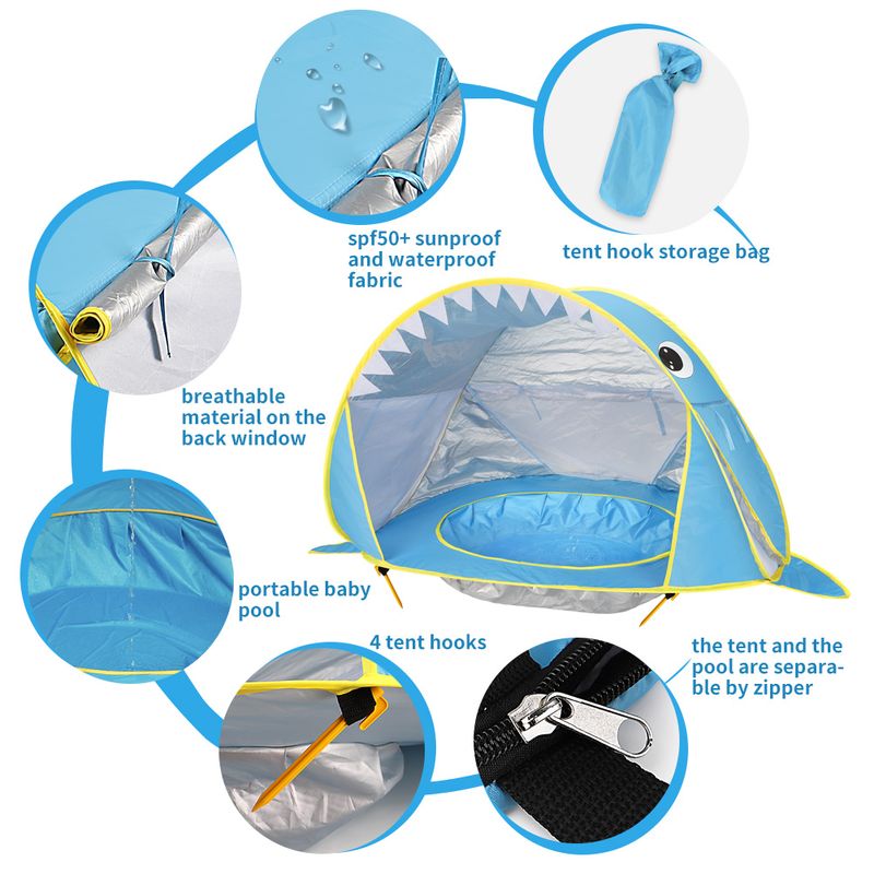 Jucarii, Copii si Bebe - Jucarii si jocuri - Jucarii de exterior - Casute si corturi copii - Cort de plaja portabil, impermeabil, protectie solara UV UPF 50+, copii 3-48 de luni, rechin, albastru, bebeLOGIC™ - Infinity.ro