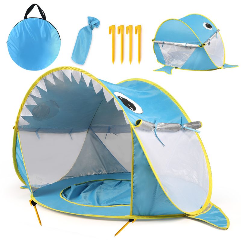 Jucarii, Copii si Bebe - Jucarii si jocuri - Jucarii de exterior - Casute si corturi copii - Cort de plaja portabil, impermeabil, protectie solara UV UPF 50+, copii 3-48 de luni, rechin, albastru, bebeLOGIC™ - Infinity.ro