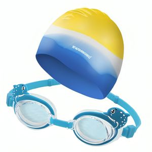 Set complet de inot pentru copii, mediLOGIC®, ochelari, casca, clips nazal si dopuri pentru urechi, 3-6 ani, albastru