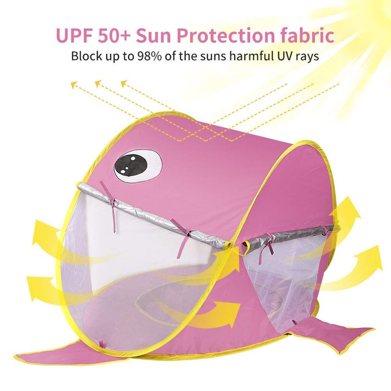 Jucarii, Copii si Bebe - Jucarii si jocuri - Jucarii de exterior - Casute si corturi copii - Cort de plaja portabil, impermeabil, protectie solara UV UPF 50+, copii 3-48 de luni, rechin, roz, bebeLOGIC™ - Infinity.ro