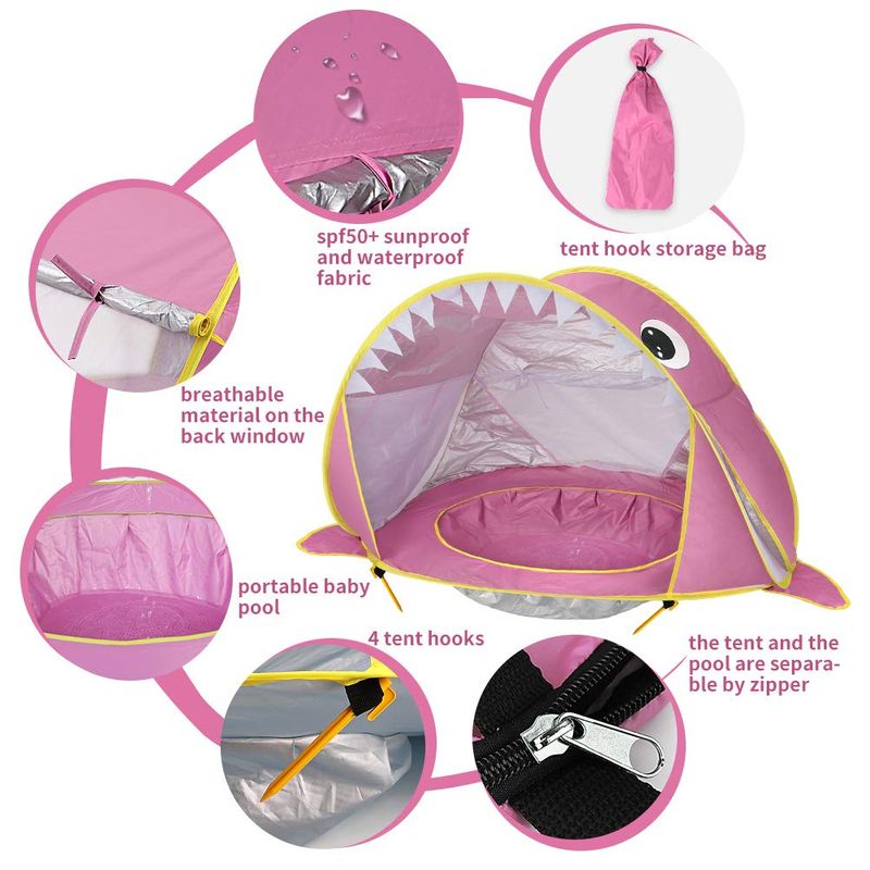 Jucarii, Copii si Bebe - Jucarii si jocuri - Jucarii de exterior - Casute si corturi copii - Cort de plaja portabil, impermeabil, protectie solara UV UPF 50+, copii 3-48 de luni, rechin, roz, bebeLOGIC™ - Infinity.ro