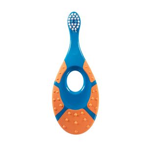 Periuta de dinti cu inel gingival pentru bebelusi 0-2 ani, peri extra moi, portocaliu - albastru, bebeLOGIC™