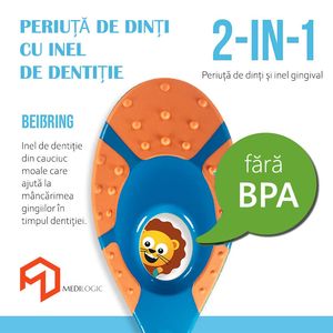 Periuta de dinti cu inel gingival pentru bebelusi 0-2 ani, peri extra moi, portocaliu - albastru, bebeLOGIC™