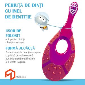 Periuta de dinti cu inel gingival pentru bebelusi 0-2 ani, sigura si robusta, peri extra moi, roz - mov, bebeLOGIC™
