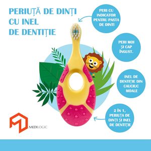 Periuta de dinti cu inel gingival pentru bebelusi 0-2 ani, sigura si robusta, peri extra moi, galben - roz, bebeLOGIC™