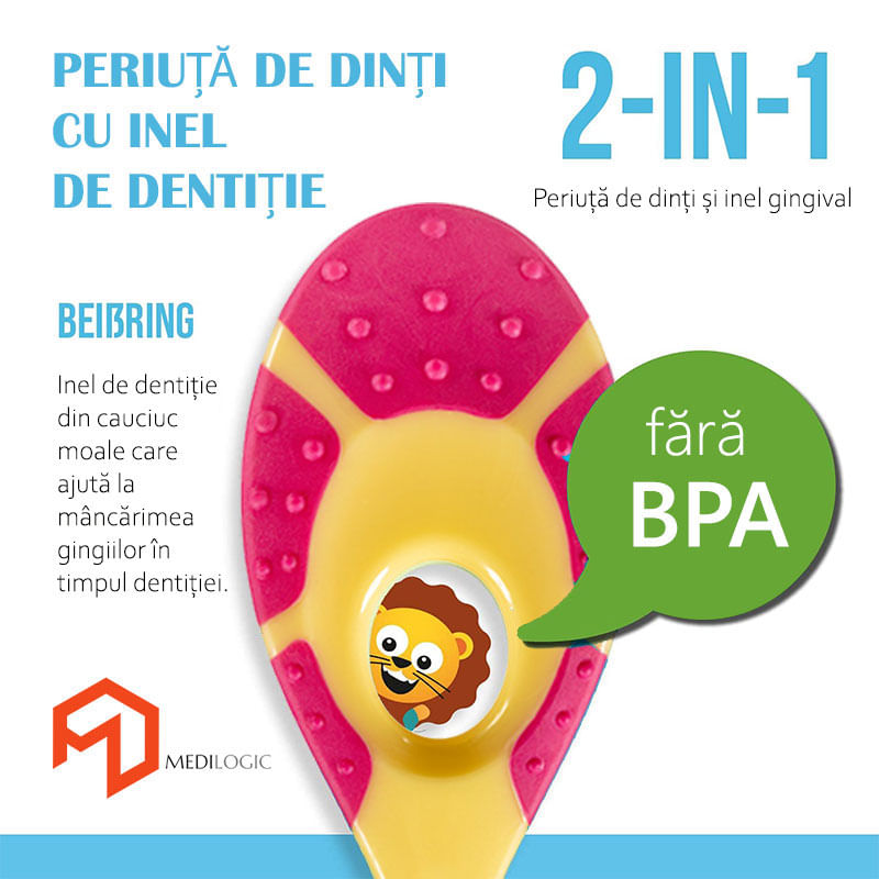 Jucarii, Copii si Bebe - Igiena si ingrijire - Articole igiena dentara copii - Periuta de dinti cu inel gingival pentru bebelusi 0-2 ani, sigura si robusta, peri extra moi, galben - roz, bebeLOGIC™ - Infinity.ro