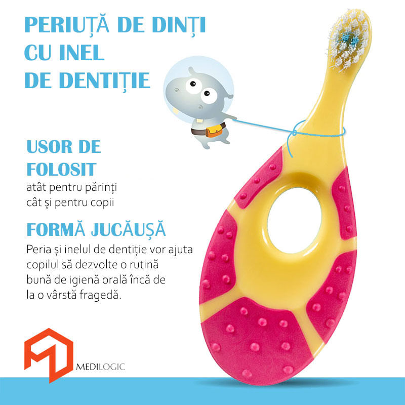 Jucarii, Copii si Bebe - Igiena si ingrijire - Articole igiena dentara copii - Periuta de dinti cu inel gingival pentru bebelusi 0-2 ani, sigura si robusta, peri extra moi, galben - roz, bebeLOGIC™ - Infinity.ro