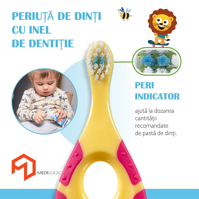 Jucarii, Copii si Bebe - Igiena si ingrijire - Articole igiena dentara copii - Periuta de dinti cu inel gingival pentru bebelusi 0-2 ani, sigura si robusta, peri extra moi, galben - roz, bebeLOGIC™ - Infinity.ro