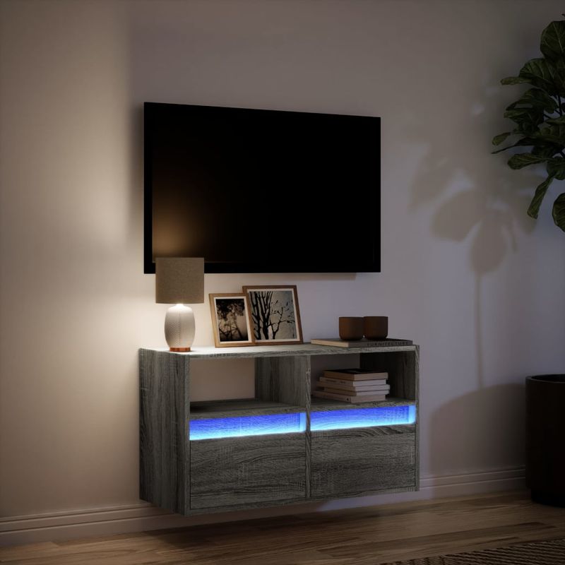 Casa si Gradina - Mobilier - Comode si corpuri - Comode - Comoda TV de perete cu lumini LED, gri sonoma, 80x31x45 cm - Infinity.ro