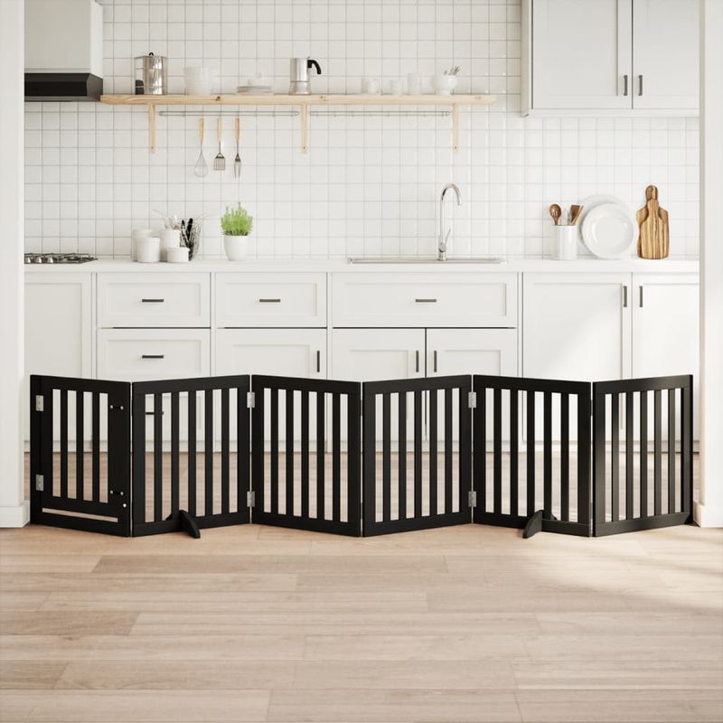 Petshop - Accesorii petshop - Culcusuri si custi - Custi interior si exterior - Poarta caini pliabila cu usa 6 panouri negru, 300 cm, lemn plop - Infinity.ro