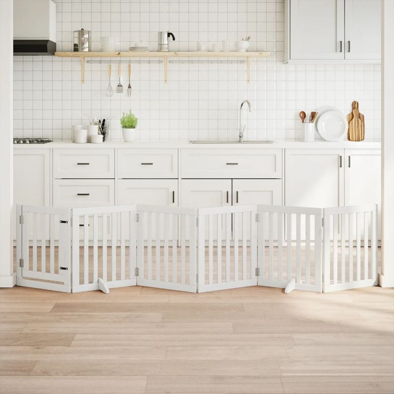 Petshop - Accesorii petshop - Culcusuri si custi - Custi interior si exterior - Poarta caini pliabila cu usa, 6 panouri, alb, 300 cm, lemn plop - Infinity.ro