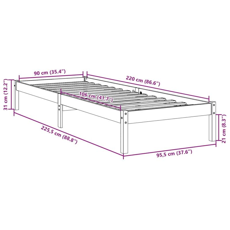 Casa si Gradina - Mobilier - Paturi si accesorii - Paturi - Cadru pat foarte lung fara saltea alb 90x220 cm lemn masiv pin - Infinity.ro