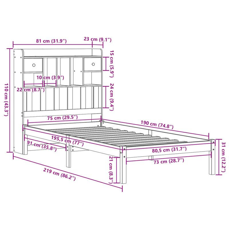 Casa si Gradina - Mobilier - Paturi si accesorii - Paturi - Pat biblioteca fara saltea maro ceruit 75x190 cm lemn masiv pin - Infinity.ro