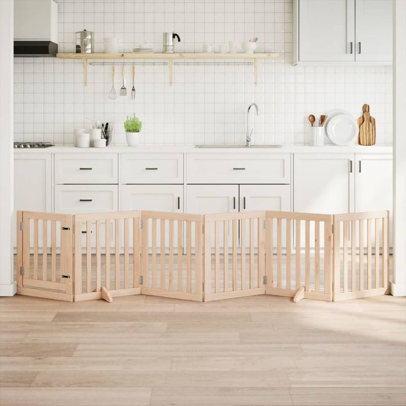 Petshop - Accesorii petshop - Culcusuri si custi - Custi interior si exterior - Poarta de caini pliabila cu usa, 6 panouri, 300 cm, lemn plop - Infinity.ro