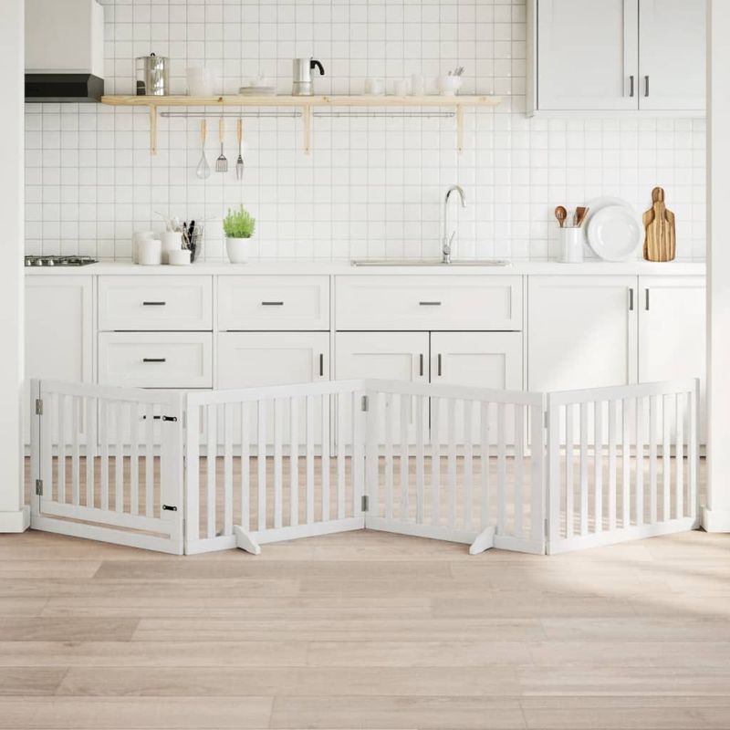 Petshop - Accesorii petshop - Culcusuri si custi - Custi interior si exterior - Poarta caini pliabila cu usa, 4 panouri, alb, 320 cm, lemn plop - Infinity.ro