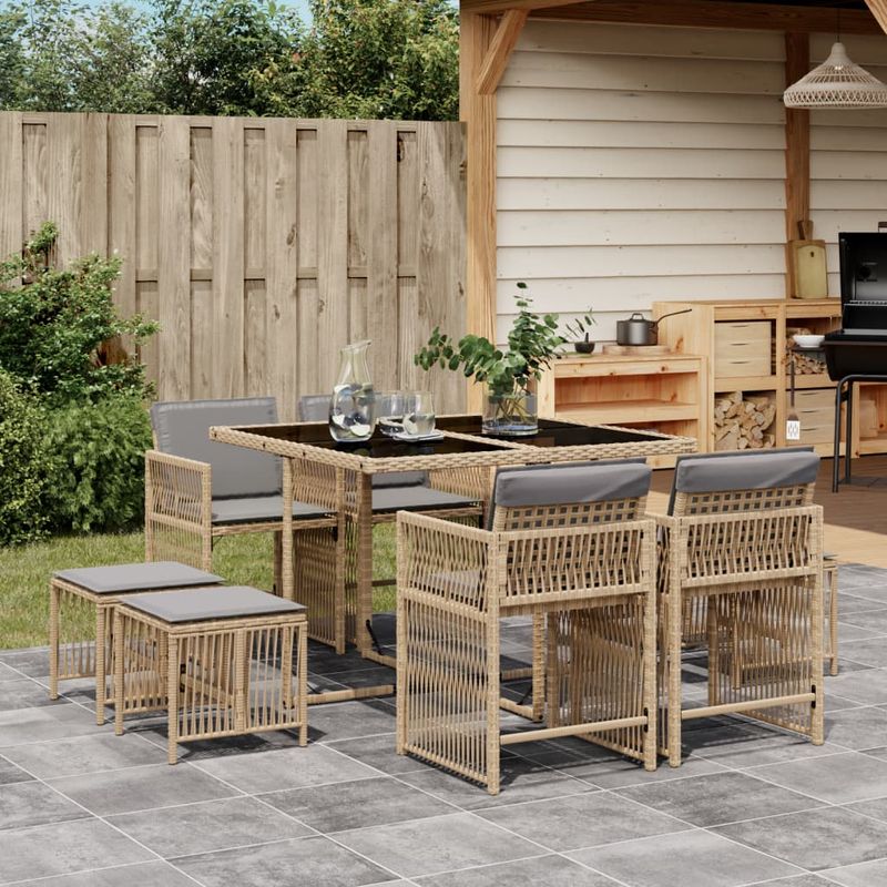 Casa si Gradina - Gradina si terasa - Mobilier exterior - Seturi mobila gradina - Set de masa pentru gradina, 9 piese, cu perne, bej, poliratan - Infinity.ro