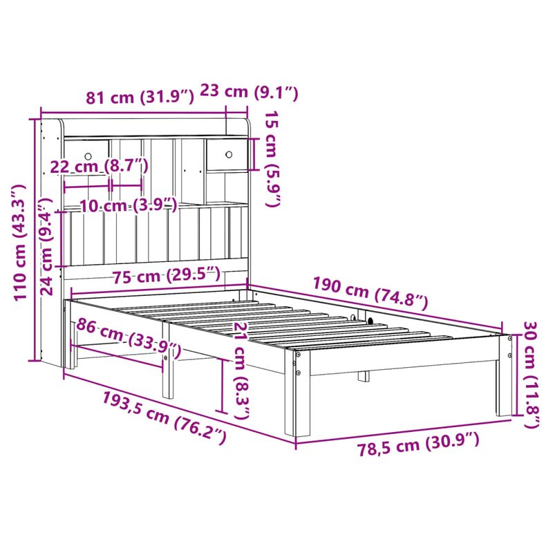 Casa si Gradina - Mobilier - Paturi si accesorii - Paturi - Pat biblioteca fara saltea maro ceruit 75x190 cm lemn masiv pin - Infinity.ro
