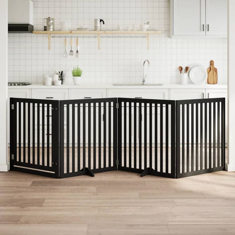 Petshop - Accesorii petshop - Culcusuri si custi - Custi interior si exterior - Poarta caini pliabila cu usa 4 panouri negru, 320 cm, lemn plop - Infinity.ro