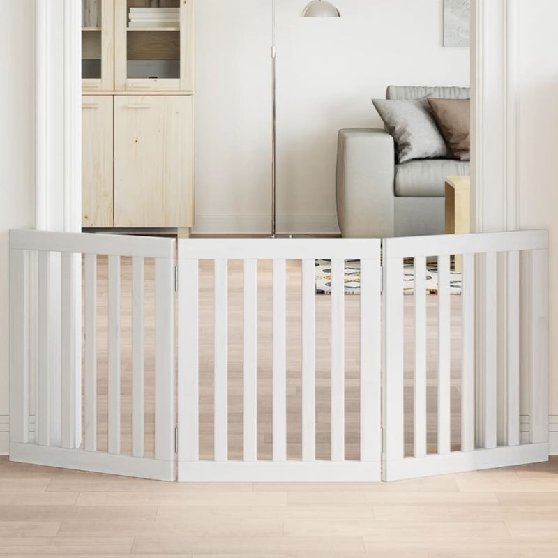 Petshop - Accesorii petshop - Culcusuri si custi - Custi interior si exterior - Poarta pentru caini pliabila, 3 panouri, alb, 150 cm, lemn plop - Infinity.ro