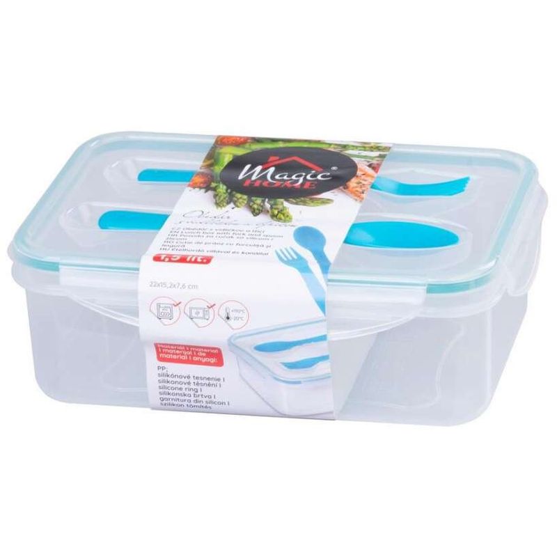 Casa si Gradina - Bucatarie si vesela - Organizare si depozitare bucatarie - Cutii alimentare - Cutie/caserola alimente, plastic, etansa, albastru, 1 compartiment, cu lingura si furculita, 1.5 L, 22x15.2x7.6 cm, MagicHome - Infinity.ro