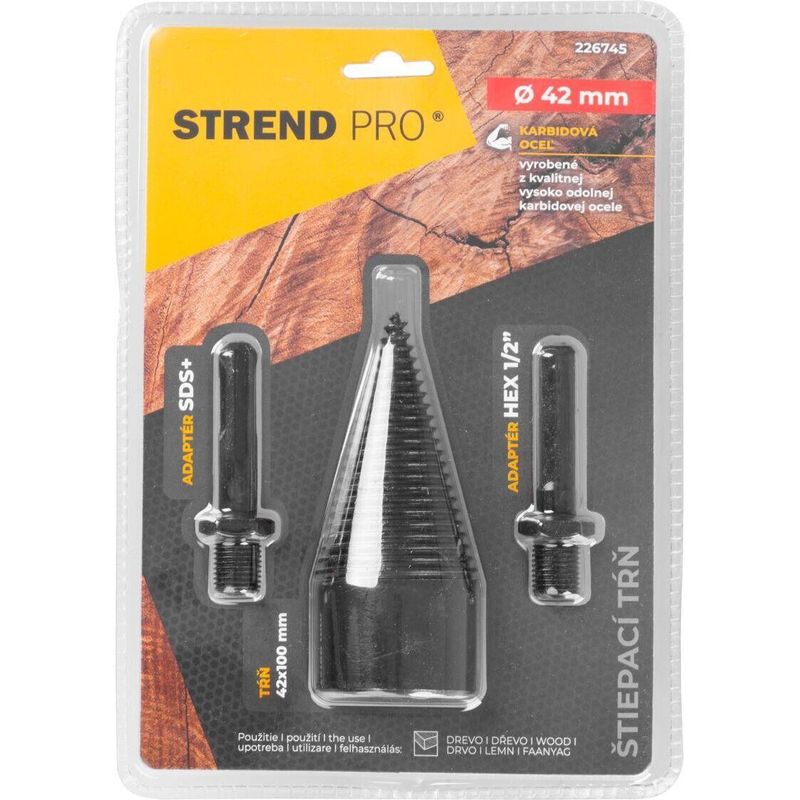 Casa si Gradina - Constructii - Scule electrice si accesorii - Seturi si accesorii pentru gaurit si insurubat - Con despicator lemn pentru bormasina, Strend Pro, cu 2 adaptoare, SDS PLUS, HEX 1/2", 42 mm - Infinity.ro