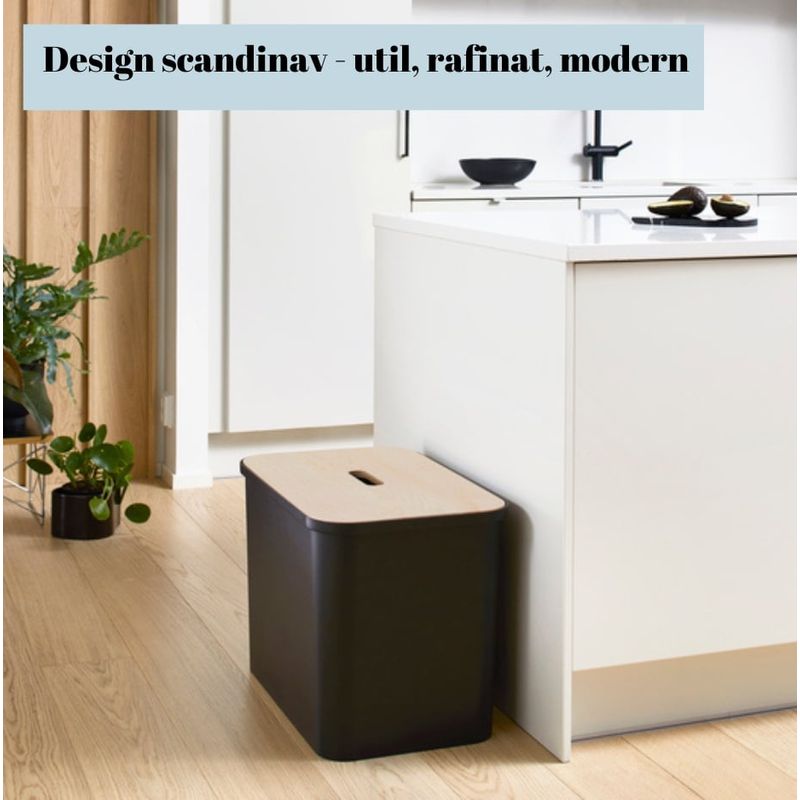 Casa si Gradina - Mobilier - Organizare si depozitare - Cosuri de gunoi - Cos de gunoi, Collect SmartStore, pentru colectare selectiva, 3 galeti interioare, capac lemn, Negru, 76L, 57x38x42 cm - Infinity.ro