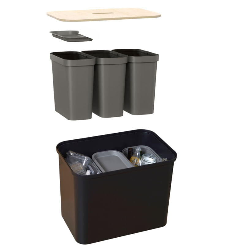 Casa si Gradina - Mobilier - Organizare si depozitare - Cosuri de gunoi - Cos de gunoi, Collect SmartStore, pentru colectare selectiva, 3 galeti interioare, capac lemn, Negru, 76L, 57x38x42 cm - Infinity.ro