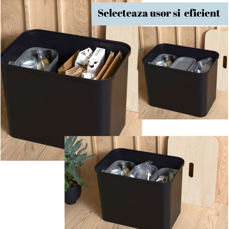 Casa si Gradina - Mobilier - Organizare si depozitare - Cosuri de gunoi - Cos de gunoi, Collect SmartStore, pentru colectare selectiva, 3 galeti interioare, capac lemn, Negru, 76L, 57x38x42 cm - Infinity.ro