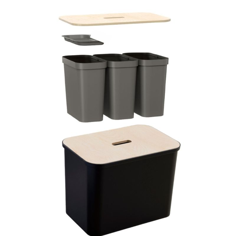 Casa si Gradina - Mobilier - Organizare si depozitare - Cosuri de gunoi - Cos de gunoi, Collect SmartStore, pentru colectare selectiva, 3 galeti interioare, capac lemn, Negru, 76L, 57x38x42 cm - Infinity.ro