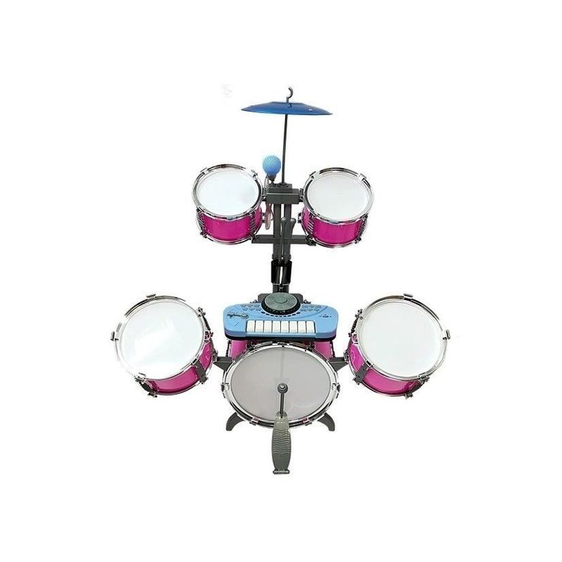 Jucarii, Copii si Bebe - Jucarii si jocuri - Jucarii de rol - Instrumente muzicale de jucarie - Set de tobe muzicale de jucarie pentru copii, cu scaunel, microfon si mixer, roz, LeanToys, 4835 - Infinity.ro