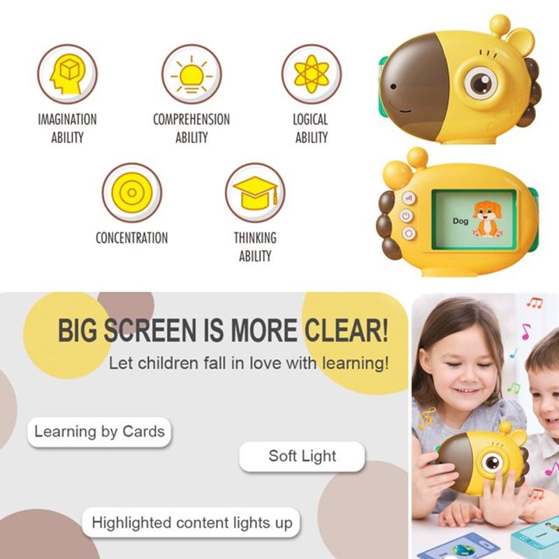 Jucarii, Copii si Bebe - Jucarii si jocuri - Jucarii & jocuri educative - Jucarii interactive - Jucarie educativa Montessori pentru copii, 60 carduri, incarcare MicroUSB, 2 ani+, Girafa galbena, bebeLOGIC™ - Infinity.ro