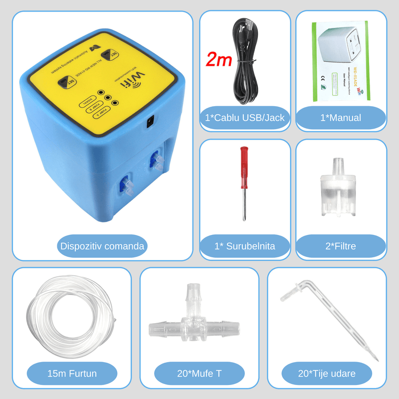 Casa si Gradina - Gradinarit si plante - Instalatii si accesorii pentru irigatii - Accesorii irigare - Kit de irigat la radacina plantelor, Florilor, WIFI, 20 Ghivece, 2 Pompe, Programator irigare, Aplicatie Smart Life - Infinity.ro