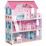 Jucarii, Copii si Bebe - Jucarii si jocuri - Papusi si accesorii - Casute de papusi si mobilier - Casuta de Papusi MercaDoll din Lemn MDF, cu Iluminare LED, 3 Niveluri, 5 Camere si Terasa, 9 Piese de Mobilier, 62 x 27 x 70 cm - Infinity.ro