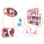 Jucarii, Copii si Bebe - Jucarii si jocuri - Papusi si accesorii - Casute de papusi si mobilier - Casuta de Papusi MercaDoll din Lemn MDF, cu Iluminare LED, 3 Niveluri, 5 Camere si Terasa, 9 Piese de Mobilier, 62 x 27 x 70 cm - Infinity.ro