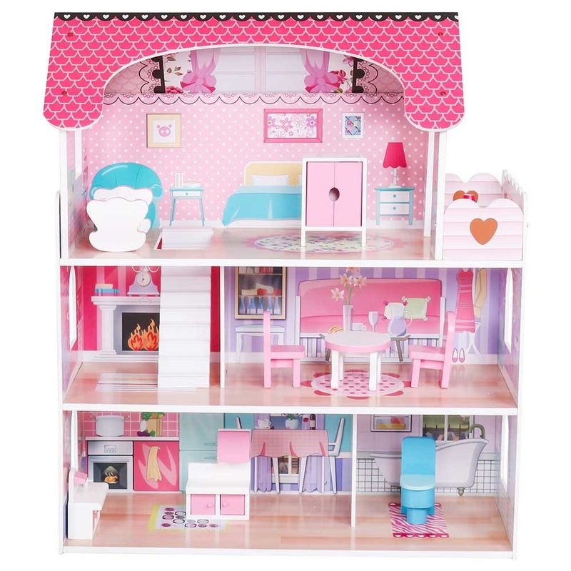 Jucarii, Copii si Bebe - Jucarii si jocuri - Papusi si accesorii - Casute de papusi si mobilier - Casuta de Papusi MercaDoll din Lemn MDF, cu Iluminare LED, 3 Niveluri, 5 Camere si Terasa, 9 Piese de Mobilier, 62 x 27 x 70 cm - Infinity.ro