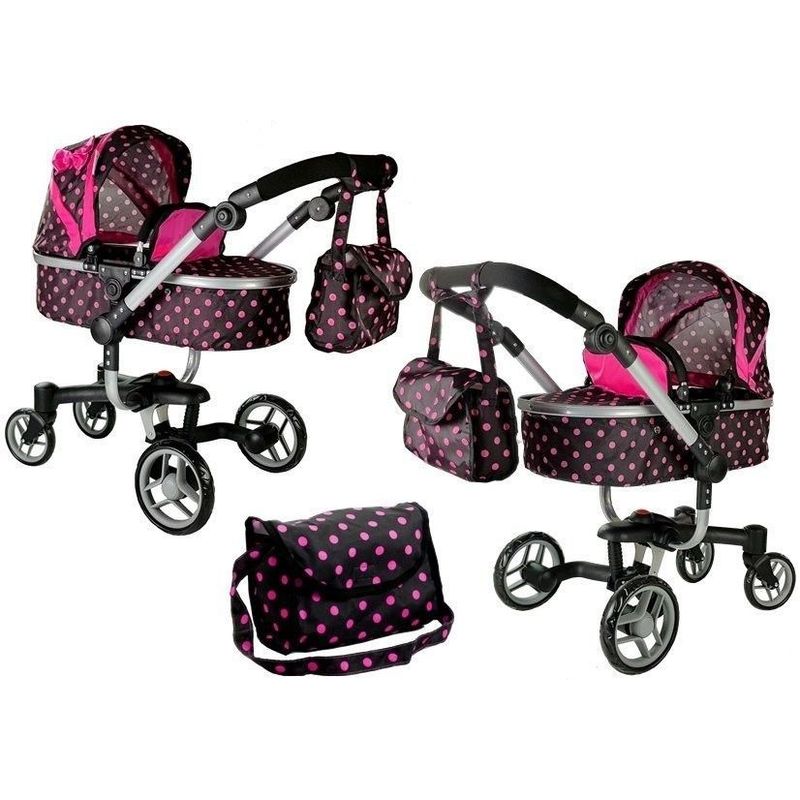Jucarii, Copii si Bebe - Jucarii si jocuri - Papusi si accesorii - Carucioare papusi si accesorii - Carucior pentru papusi, negru cu buline roz, LeanToys, 5245 - Infinity.ro