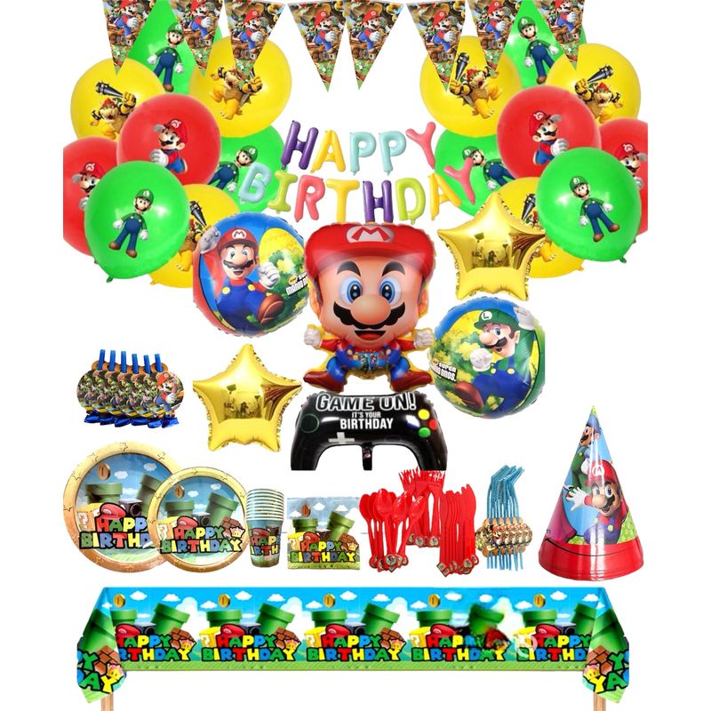 Casa si Gradina - Decoratiuni - Decoratiuni petrecere - Vesela pentru petrecere - Set 154 piese vesela petrecere Super Mario pentru 10 copi, servirea completa a mesei + baloane latex si folie aluminiu - Infinity.ro