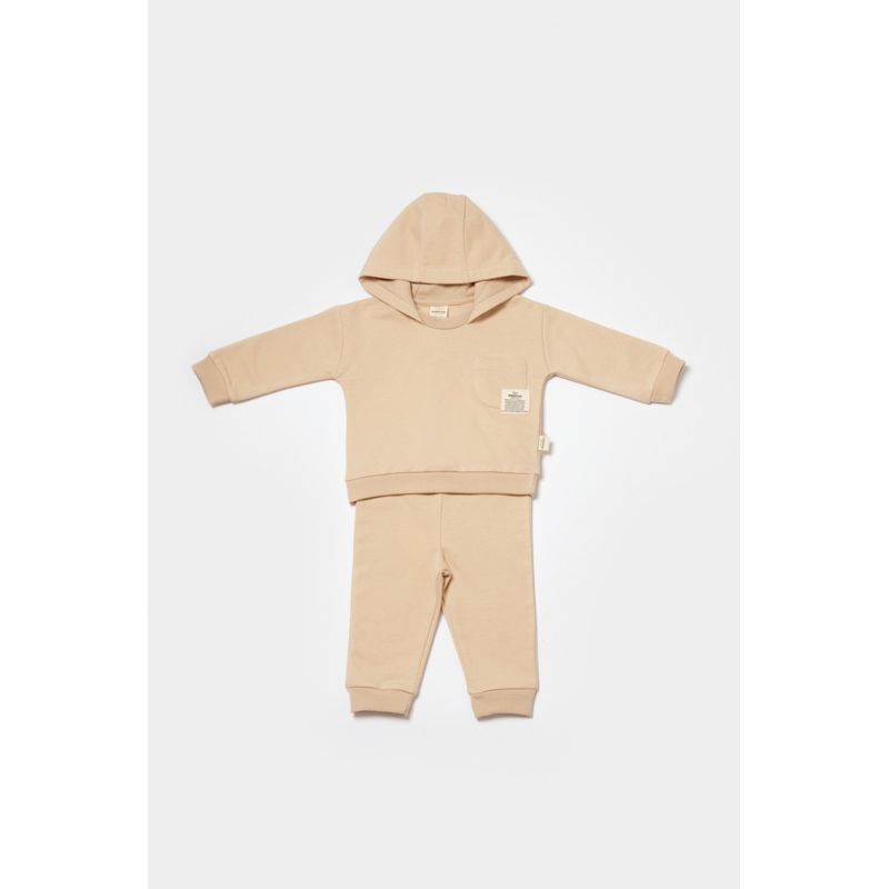 Fashion, accesorii si bijuterii - Copii - Imbracaminte copii - Treninguri si compleuri copii - Set hanorac cu gluga si pantaloni, Two thread, 100%bumbac organic - Stone, BabyCosy (Marime: 12-18 Luni) - Infinity.ro