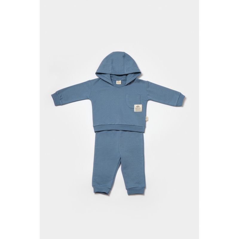 Fashion, accesorii si bijuterii - Copii - Imbracaminte copii - Treninguri si compleuri copii - Set hanorac cu gluga si pantaloni, Two thread, 100%bumbac organic - Indigo, BabyCosy (Marime: 3-6 Luni) - Infinity.ro