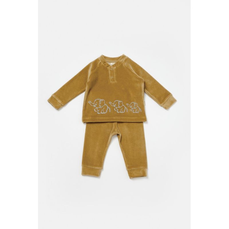 Fashion, accesorii si bijuterii - Copii - Imbracaminte copii - Treninguri si compleuri copii - Set bluzita si pantaloni Elefant, 80%bumbac organic si 20% poliester - Mustar, BabyCosy (Marime: 18-24 Luni) - Infinity.ro