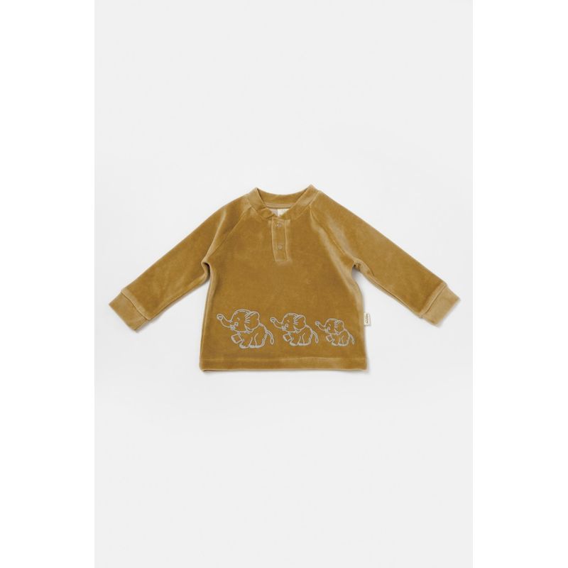 Fashion, accesorii si bijuterii - Copii - Imbracaminte copii - Treninguri si compleuri copii - Set bluzita si pantaloni Elefant, 80%bumbac organic si 20% poliester - Mustar, BabyCosy (Marime: 18-24 Luni) - Infinity.ro