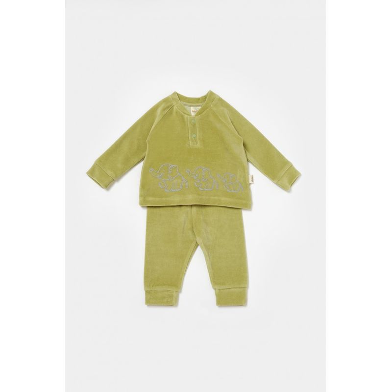 Fashion, accesorii si bijuterii - Copii - Imbracaminte copii - Treninguri si compleuri copii - Set bluzita si pantaloni Elefant, 80%bumbac organic si 20% poliester - Verde, BabyCosy (Marime: 18-24 Luni) - Infinity.ro