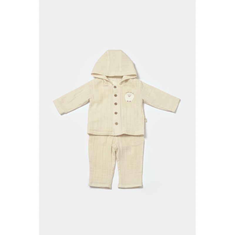 Fashion, accesorii si bijuterii - Copii - Imbracaminte copii - Treninguri si compleuri copii - Set bluza cu gluga si pantaloni, Winter muselin, 100% bumbac - Stone, BabyCosy (Marime: 12-18 Luni) - Infinity.ro