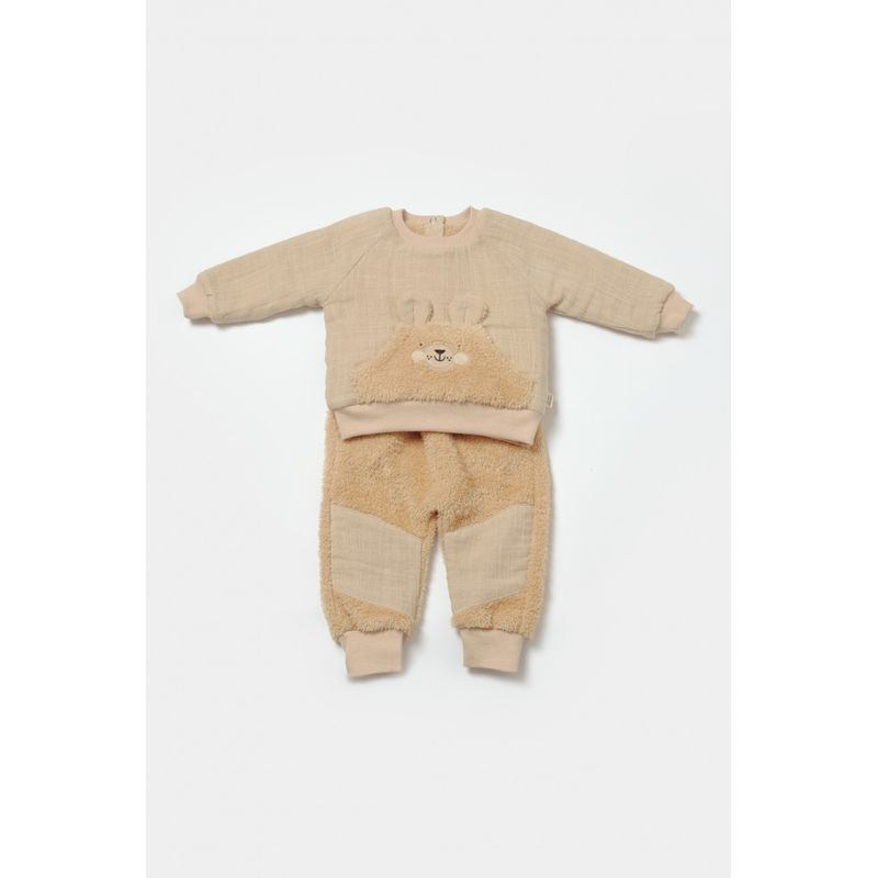 Fashion, accesorii si bijuterii - Copii - Imbracaminte copii - Treninguri si compleuri copii - Set bluza cu buzunar si pantaloni Ursulet, Winter muselin, 100% bumbac dublat - Apricot, BabyCosy (Marime: 18-24 Luni) - Infinity.ro