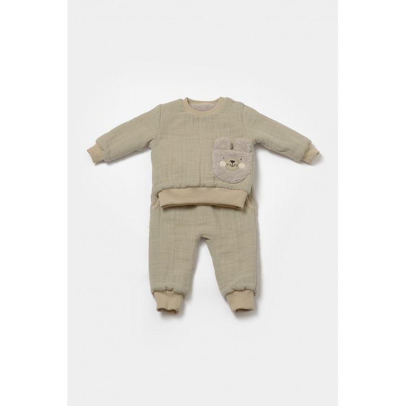 Fashion, accesorii si bijuterii - Copii - Imbracaminte copii - Treninguri si compleuri copii - Set bluza dublata si pantaloni Ursulet, Winter muselin, 100% bumbac - Verde, BabyCosy (Marime: 18-24 Luni) - Infinity.ro